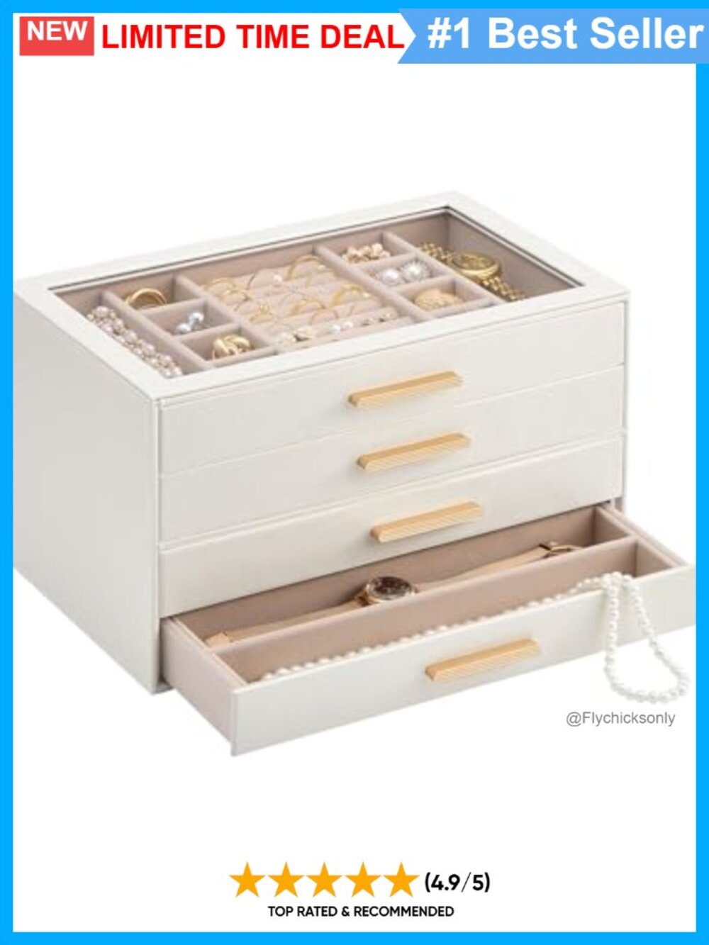 4-Layer PU Leather Jewelry Box Organizer Glass Lid Velvet Lining